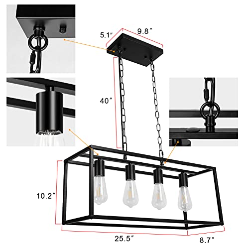 Farmhouse Industrial Kitchen Island Lighting, 4-Light Black Modern Chandelier, Rectangle Hanging Light Fixtures For Dining Room Bar #TOP3
