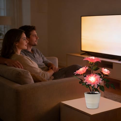 Image of Artificial Pink Dahlia Flower Lamp Light for Bedroom Bar Coffee Shop Wedding Decor, Gifts for Women Mom Daughter Grandma Aunt Girlfriend Coworker Friend Birthday Christmas Valentines Mothers Day