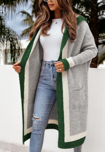 Image of utcoco Women's Oversized Hooded Cardigan Sweaters Color Block Open Front Long Sweater Coat Outwear with Pockets