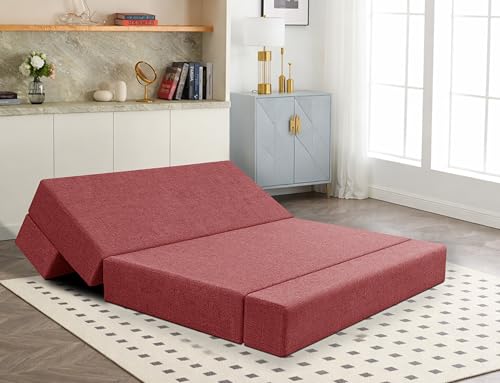 Image of Los Angeles Foldable Two Seater Sofa Cum Bed, Sofa Bed 4 X 6 Feet Jute Fabric Washable Cover- Including Cushion Perfect for Living Room - Red Color