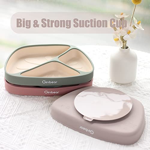 Ginbear Suction Plates For Baby Boy, Liquid Silicone Plates For Toddlers Self-Feeding, Stay Put Baby Dishes For Easy Feeding (Dark Sage/Ivory) #TOP3