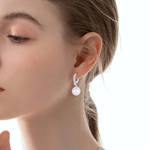 Pearl Earrings for Women 925 Sterling Silver White Gold Pearl Drop Earrings Dangle Cubic Zirconia Large Size 12mm 10mm for Mother2