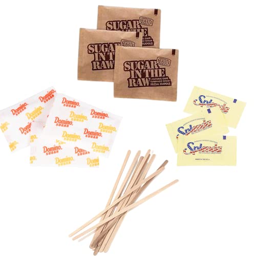 Sugar & Sweetener Assortment Packets Packaged By Bools, Sugar Packets, Splenda, Brown Sugar, Plus Bools Wooden Coffee Stirrers (300 Pack) Sugar Packets For Home, Office, Coffee, Bar, Gift #TOP16