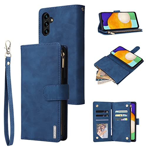 LBYZCASE Case for Galaxy A14 5G(2023) with Card Slots,Durable Flip Folio Kickstand Magnetic Closure Leather Zipper Wallet Wrist Strap Women Men Case Cover for Samsung Galaxy A14 5G (Blue)