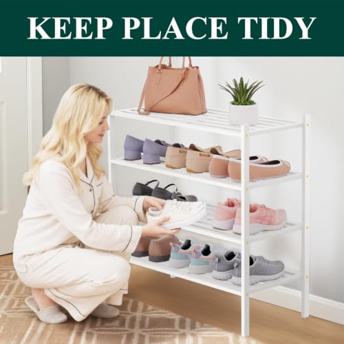 Image of Smiry Bamboo Shoe Rack, 5 Horizontal Slats, 4 Tier - 26.8 inch Wide, White