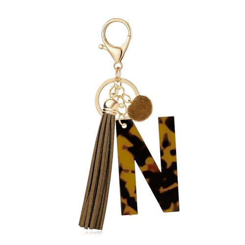 OKAICEN Brown Faux Tortoiseshell Pattern Initial Letter 'N' Keychain for Women Girls, Leopard Print Acrylic Alphabet Key Ring with Tassel & Pom Pom, Bag Charm for Car Keys Handbag Backpack Purse