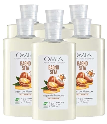 Omia, Bagnoseta Erboristico All'Olio di Argan, Bagnoschiuma per Pelli Aride e Irritabili - Dermatologicamente Testato, Senza SLS e SLES - Confezion e da 6 Pezzi da 400 ml