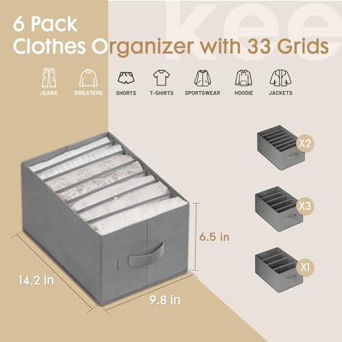 Criusia 6 Pack Large Clothes Organizer, Wardrobe Closet Organizer and Storage with Handles, Foldable Fabric Closet Organizers Dividers for Clothing, Pants, Jeans, Sweater, T-shirts, Grey by Criusia - Image 3