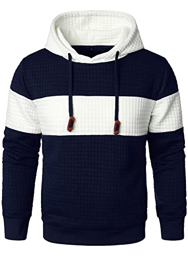 Image of HOOD CREW Men’s Sweatshirts Long Sleeve Pullover Patchwork Plaid Jacquard Hoodie Casual Drawstring Hoody Top Navy White M