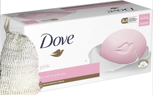 Dove Pink Beauty Cream Moisturising Soap Bar, Pack of 6 x 90g (Pink) Bundled With VAgooddeals 1 x Natural Sisal Soap Bag