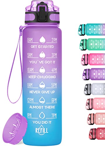 Image of 32oz Motivational Water Bottle with Time Marker & Fruit Strainer, Leak-proof BPA Free Non-Toxic 1l Bottle with Carrying Strap, Perfect for Fitness