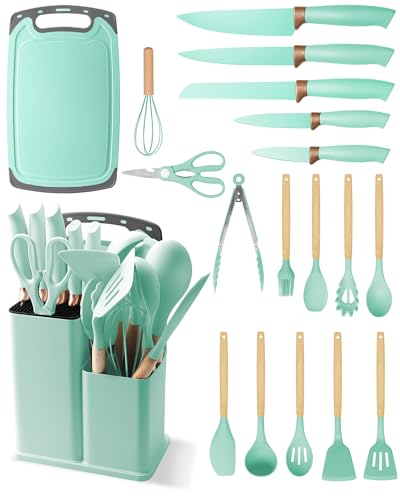 19 Piezas Utensilios de Cocina en Silicona - Juego de Cuchillos de Cocina con 5 Cuchillos, Soporte y Caja, Resistente al Calor Antiadherente (Verde Claro)