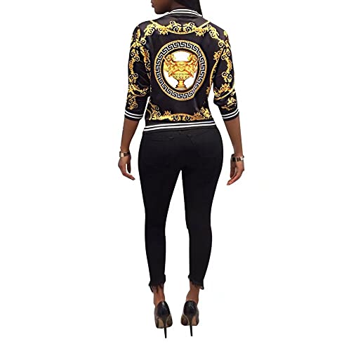 Womens Fashion Vintage Gold Chain Print Short Bomber Jacket Coat2