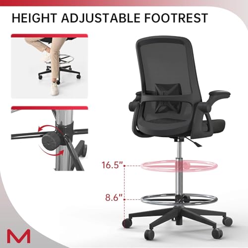 Image of Ergonomic Drafting Chair, Tall Height Adjustable Office Stool with Flip Up Armrest, Adjustable Foot Ring & Lumbar Support, Rolling Mesh High Desk Chair for Standing Desk, Studio & Office Use