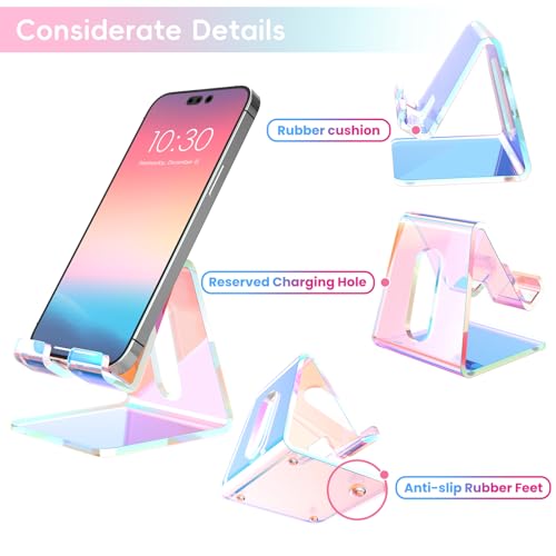 Image of Crpich Acrylic Cell Phone Stand, Portable Phone Holder, Phone Stand for Desk, Compatible with Phone16 15 14 13 12 Pro Max Mini 11, Switch, Android Smartphone, Pad, Tablet, Iridescent Color