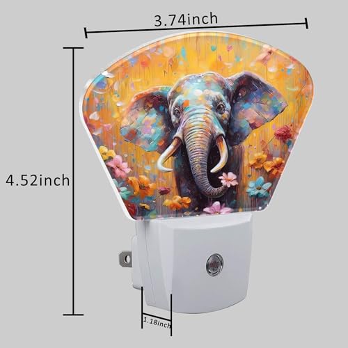 Image of Watercolor Elephant Night Light for Kids Girls Boys, Flowers LED Night Light Plug into Wall with Dusk to Dawn Sensor for Bedroom, Hallway, Kitchen, Bathroom, Stairs Decor