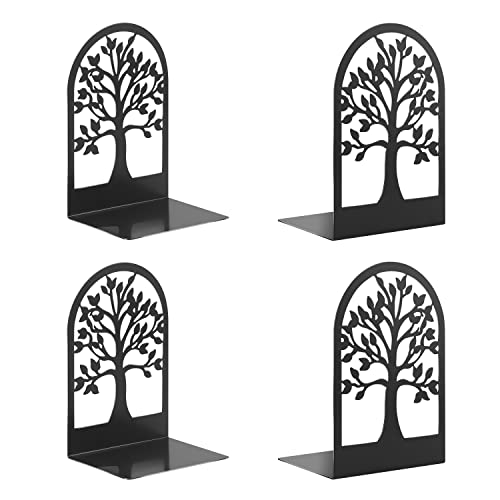 Metal Bookends, Heavy Duty Bookend for Shelves, Tree Book End to Hold Books, Bookend Stopper, Book Supports for Kid, Non-Skid, Black (2 pair/4Pcs) for Office Home Kitchen, Modern Decorative