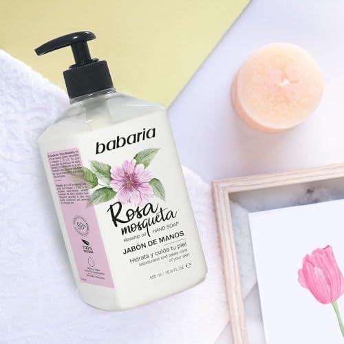 Babaria - Sapone per le Mani con Rosa Mosqueta | Detergenza delicata e idratante | Arricchito con acidi grassi essenziali Omega 3, 6 e 9 | 88% ingredienti di origine naturale | Vegano | 500 ml