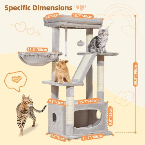 Image of Taoqimiao Cat Tree, 38.5In Cat Tower for Indoor Cats, Suitable for Kittens | Thick Padded Top Perch, Luxurious Cat Condo, Adjustable Basket, 1-Piece Ramp Scratcher, 3 Sisal Posts, Light Gray, MS029SW