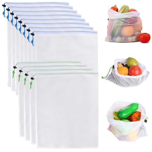 8 Stück Obst Gemüse Netztasche, 42 x 30 cm Obstbeutel Wiederverwendbar Netz, Einkaufstasche mit Kordelzug, Waschbar Obsttaschen, Gemüse Durchsichtige Netzbeutel, Einkaufsnetz Beutel für Obst Gemüses