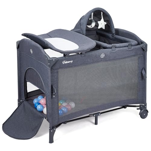 Babevy 5-in-1 Pack and Play, Baby Bedside Sleeper with Bassinet, Portable Crib, Diaper Changer, Playard and Hanging Toy, Nursery Center from Newborns to Toddlers, Deep-Grey