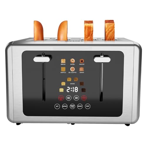 Whall 4-Slice Smart Toaster with Touchscreen & Extra-Wide Slots, Dual Independent Control, 6 Browning Levels & 6 Bread Types, Memory Function,Countdown Timer, Ideal Kitchen Gift,Silver by whall - Used condition - US$44.55