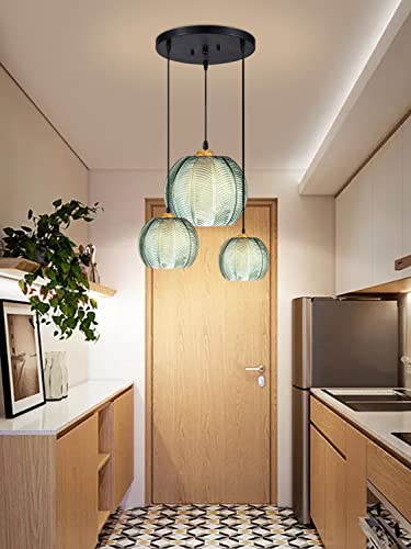 Goyqgle Green Glass Pendant Lighting For Kitchen Island, 3-Light Ribbed Pendant Light Fixtures Modern Green Hanging Lighting For Dining Room Restaurant Hallway #TOP6