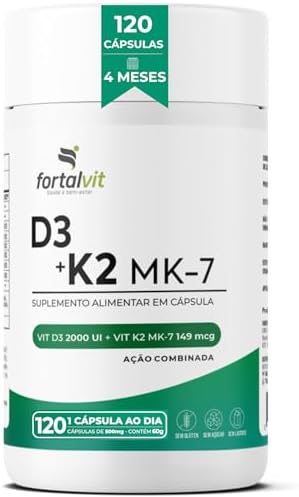 Vitamina D3 + K2 120 Cápsulas 4 Meses de Uso Longa Duração, 2000U...