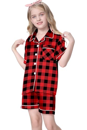 Image of Umeyda Women & Girls Pajamas Set, 2 Piece PJS Satin Silk Sleepwear Button-Down Top with Shorts for Mom Kids Gifts