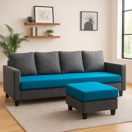 Image of FURNY Arnold 5 Seater L Shape Sofa Set with Movable Ottoman | Flexible Left or Right Layout | Plush Velvet Fabric (Dark Grey-Aqua Blue) | Perfect for Living Room, Guest Room & Office