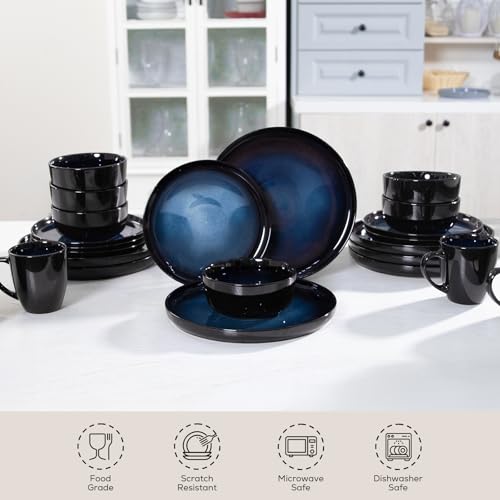 Romswi Dinnerware Set for 4, 16 pcs Stoneware Plates and Bowls Sets with Mugs, Chip & Scratch Resistant Dish Set, Handmade Reactive Glaze, Oven,Microwave and Dishwasher Safe, Dreamy Moonlight-Blue