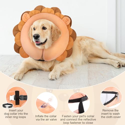 Image of BEAUTYZOO Dog Cone Alternative After Surgery for Large Medium Small Dogs, Soft Inflatable Cone Collar for Dogs Cats, Dog Neck Donut E Collar Dog Recovery Collar to Stop Licking, Lion, L