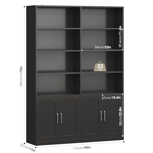 Bookshelf and Bookcase with Doors, 6 Tier Double Wide Large Bookshelves, Open Display Shelves, 73'' Tall Bookshelf with Storage Cabinets for Home Office, Living Room, Library, Black - Image 4