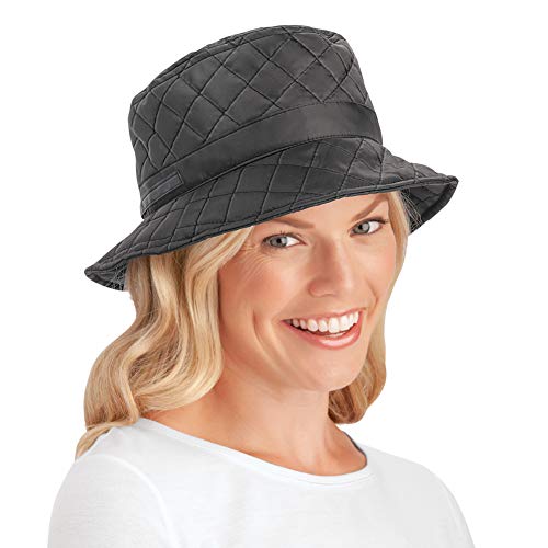 Quilted Water Resistant Rain Hat with Wide Brim and Cozy Fleece Band - Outdoor Weather-Proof Apparel, Black