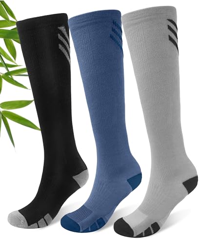 JODUCE Viscose from Bamboo Compression Socks for Men & Women 3 Pairs 15-20 mmHg Graduated Knee High Support Socks for Nurses Travel Office & Long-Haul Flights (Multicolor01 L/XL)