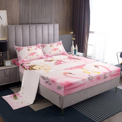 meiyoeat Pink Ballet Bed Sheets Set King Size Kids Ballerina Swan Fitted Sheet with Deep Pocket for Boys Girls Teens Dancer Bedding Set Breathable Princess Decor Bedroom Decor Bedclothes
