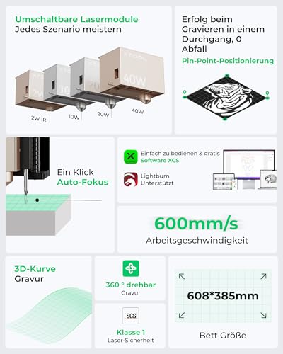 xTool S1 Lasergraveermachine, gesloten veiligheid, twee puntspositionering, autofocus, 600 mm/s snelheid, 498 x 333 mm werkbereik voor metaal, hout, leer, acryl en tuimelaar - Afbeelding 4