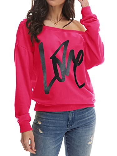 Yanekop Womens Oversized Sweatshirt Love Letter Printed Off Shoulder Sweatshirt Loose Slouchy Pullover Tops(Rose Red,M) #TOP3