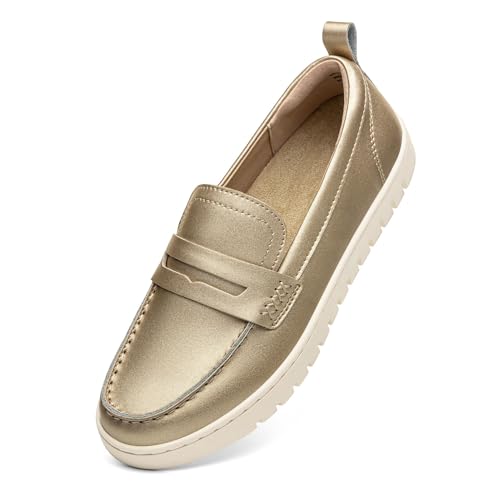 KORDAL Women's Comfortable Classic Penny Loafers Leather Sneakers Casual Slip On Dress Shoes Office Work Everyday Walking Flats Driving Shoes for Women, Gold, 9.5 M US