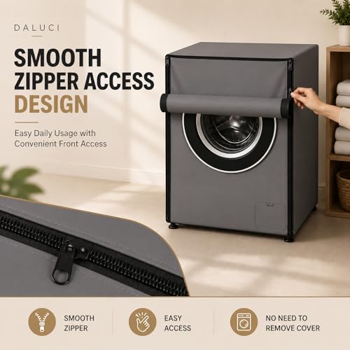 Image of DALUCI Washing Machine Cover Front Load for 6 Kg, 6.5 Kg, 7 Kg & 7.5 Kg Fully Automatic Machines | Waterproof Dustproof Polyester Protective Cover with Zipper (Grey, 59X59X86 CM)