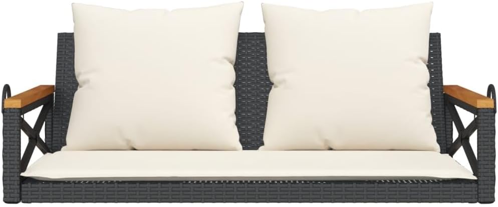 vidaXL Swing Bench Chair with Cream Cushions - Black Poly Rattan, Outdoor Hanging Seat for Garden, Patio, Deck, UV-, 42.9"x 24.4"x 15.7"