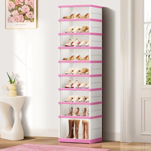 Image of CIMLORD 9-Tier Foldable Shoe Rack Organizer with Doors, 18 Pairs,White-Pink | Collapsible Slim Shoe Rack for 18 Pairs, Lidded Boxes, Stackable, Clear Door, Easy Assembly, for Closet