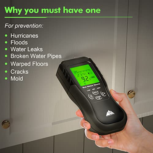 Volcanoes Club Moisture Meter - Digital Pin Type Humidity Sensor Water Leak Detector For Wood, Wall, Plaster, Floor, Brick - Accurate Inspector Tool - Backlit Lcd Screen - Level Tester (Low-Mid-High) #TOP5