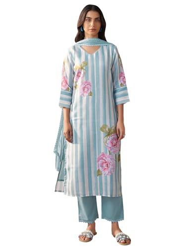 Image of INDO ERA Women's Straight Linen Floral Print with Beads Work Kurta Pant with Dupatta Set (IEOUT9824)