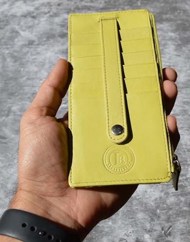 Leatherboss Genuine Leather Women's All in One Credit Business Card Case Holder Slim Zipper Wallet With a Card Protection Strap, Lemon3
