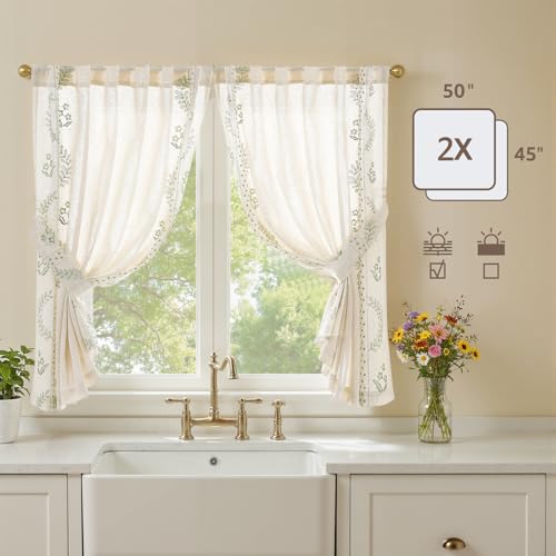 Image of jinchan Green Floral Linen Kitchen Tier Curtains 50x45 Inch 2 Panels