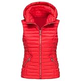 Packbare Damen Steppweste, leichte Winterjacke, ärmellos, Übergröße, mit Kapuze, gesteppt, mit Reißverschluss, warm, rot, Größe M
