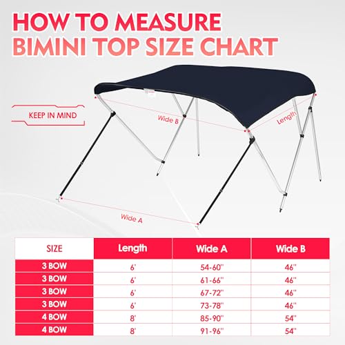 Image of Bimini Tops for Boats, Navy 3 Bow L6' x W67-72 x H46, 900D Polyester Bimini Top, 2 Rear Support Poles and Storage Boot, 4 Adjustable Nylon Straps