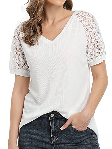 Wudodo T-Shirts à Manches Courtes Détail Dentelle T-Shirt Femme Sexy Chic Col V Shirt en Dentelle pour Femmes Tops,Blanc,M Cover