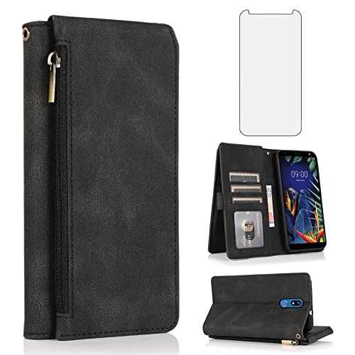 Compatible with LG K40/K12 Plus/X4 2019/Solo LTE/Xpression Plus 2/Harmony 3 Wallet Case Screen Protector and Zipper Retro Leather Flip Cover Card Holder Stand Cell for LGK40 L423DL LMX420 Black